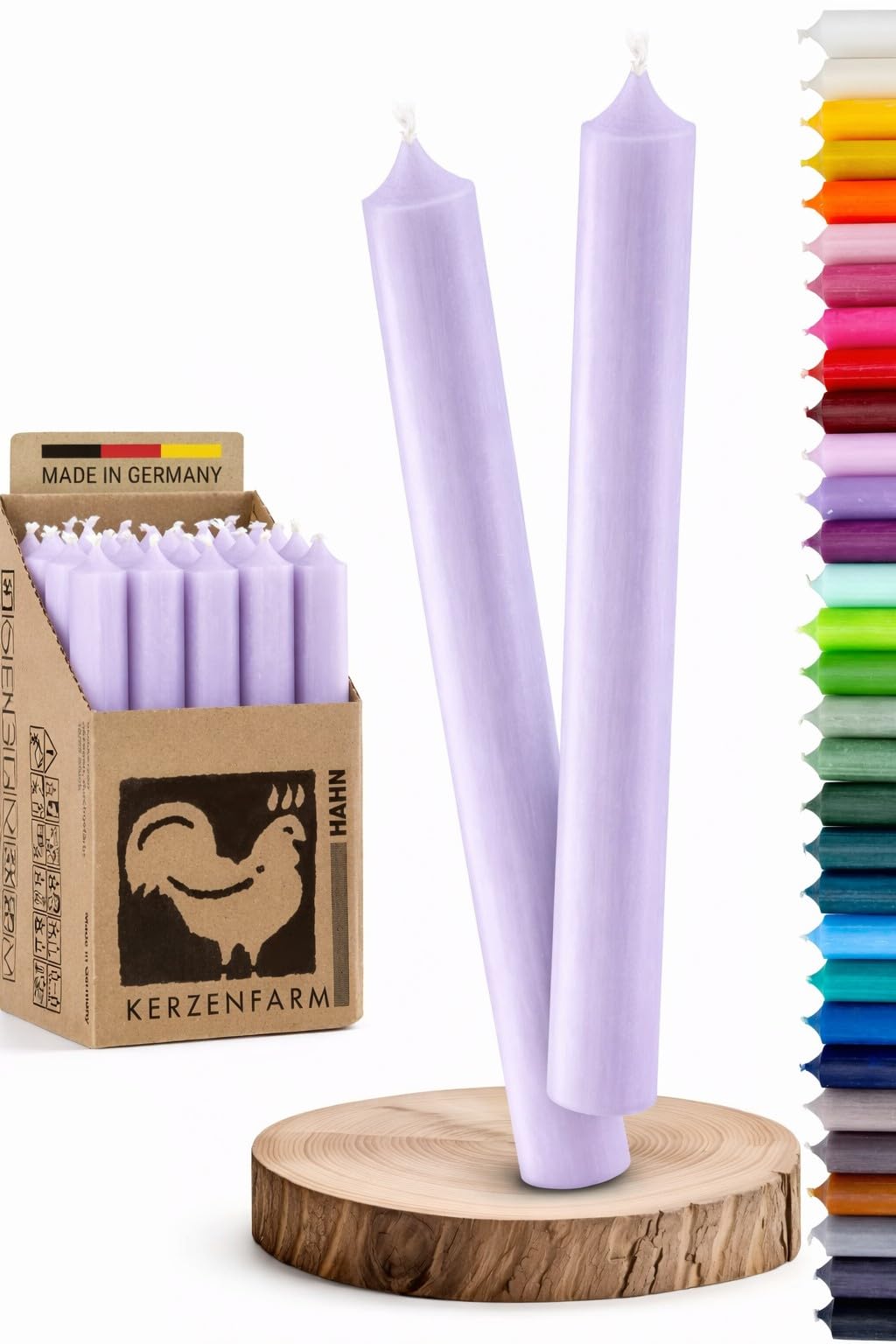 Stabkerzen Flieder/Pastell-Lila 18 cm – 10 Stück | Durchgefärbt & tropfarm | 8h Brenndauer | Handgegossen in Deutschland | RAL-zertifizierte Qualitätskerzen