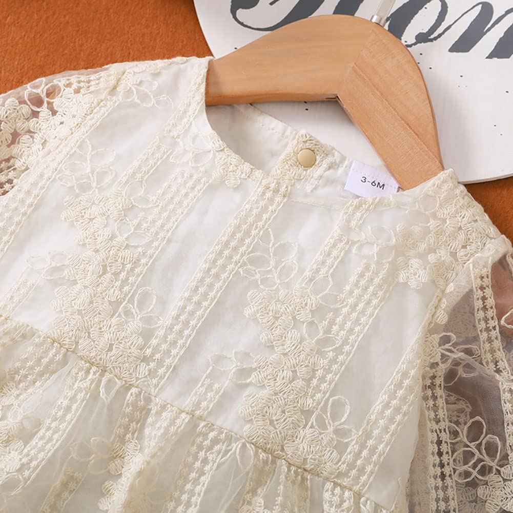 Newborn Infant Baby Girl Fall Winter Romper Dress White Beige Boho Lace Floral Dress Toddler Long Sleeve Bodysuit Crochet Dress Baptism Christening First Communion Dress Light Beige + Flower 6-9M
