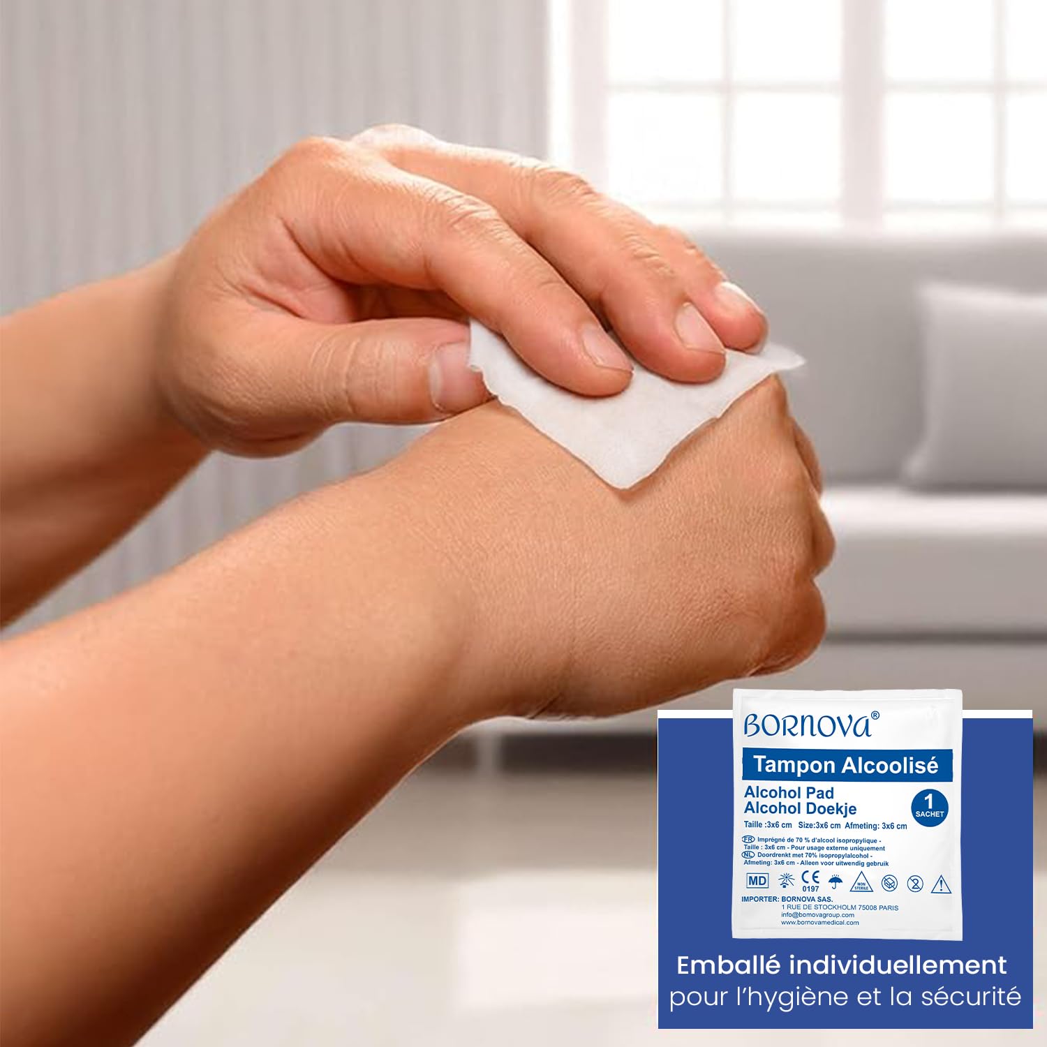 1000 PCS - Tampon tampons alc. imprégné – Lingette 3x6 cm pour nettoyage de la peau et objets – Usage unique – BORNOVA