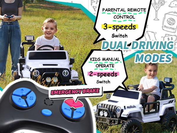 Image illustrating dual driving modes: parental remote control with 3 speeds and emergency brake, and kid's manual operation with 2 speeds.