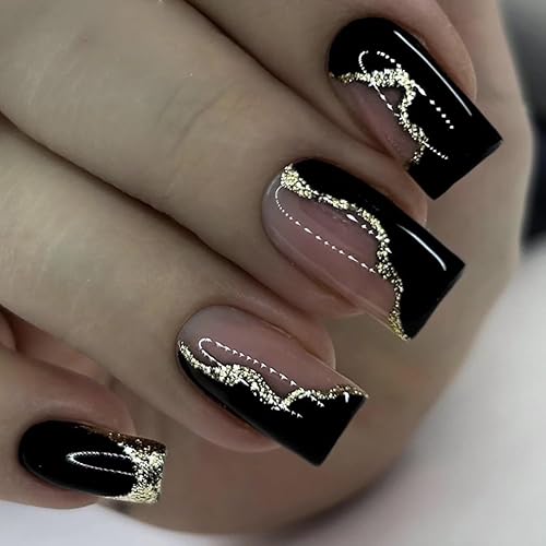 Uñas negras a presión medianas, uñas cuadradas a presión para mujeres con diseños de líneas doradas, uñas a presión, cobertura completa, pegamento