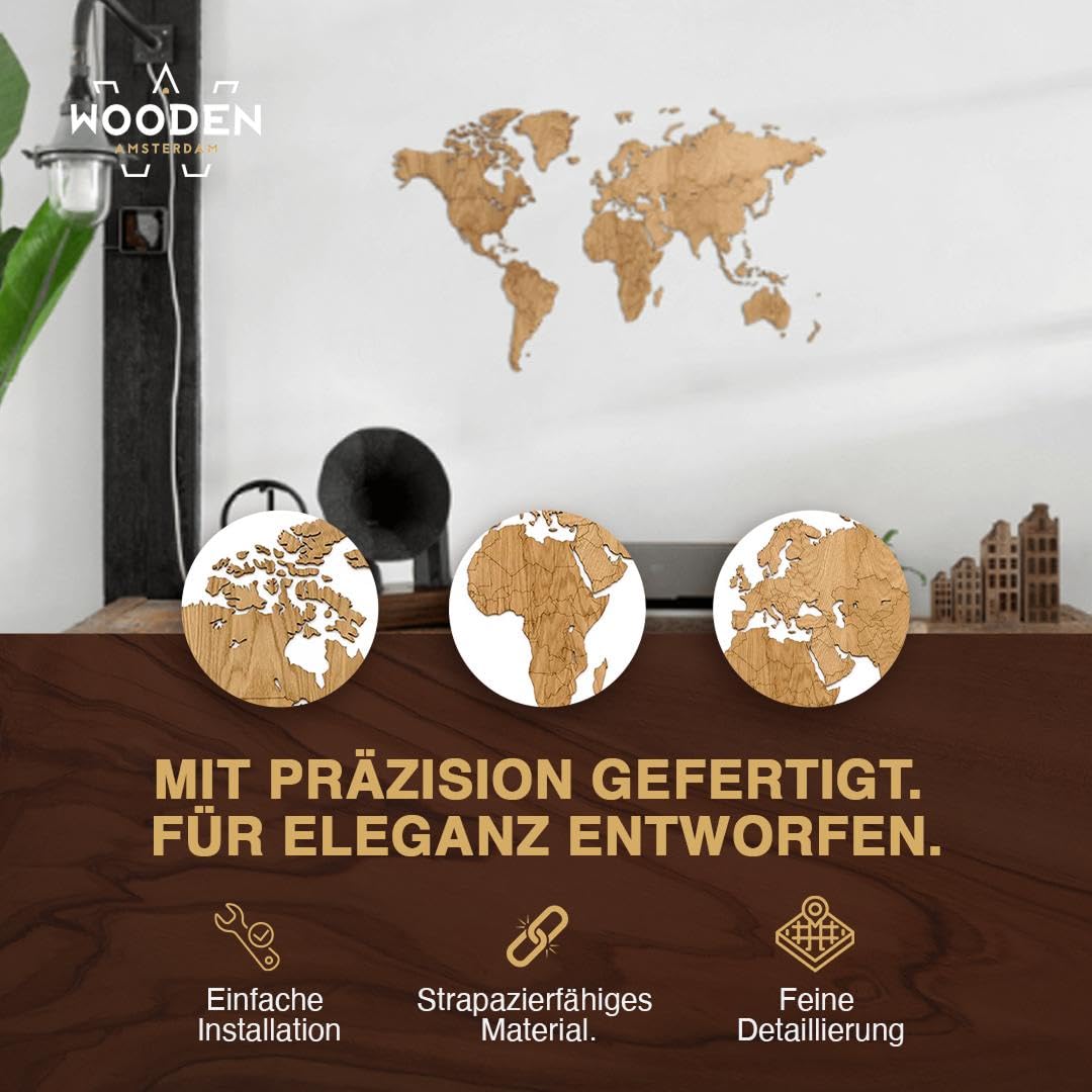 Weltkarte Holz DIY | 130 x 78 cm Wanddeko aus FSC-zertifiziertem HDF | 48 Pins & 25 Inseln zur Personalisierung | Weltkarte zum Pinnen Geschenkidee (Eiche)