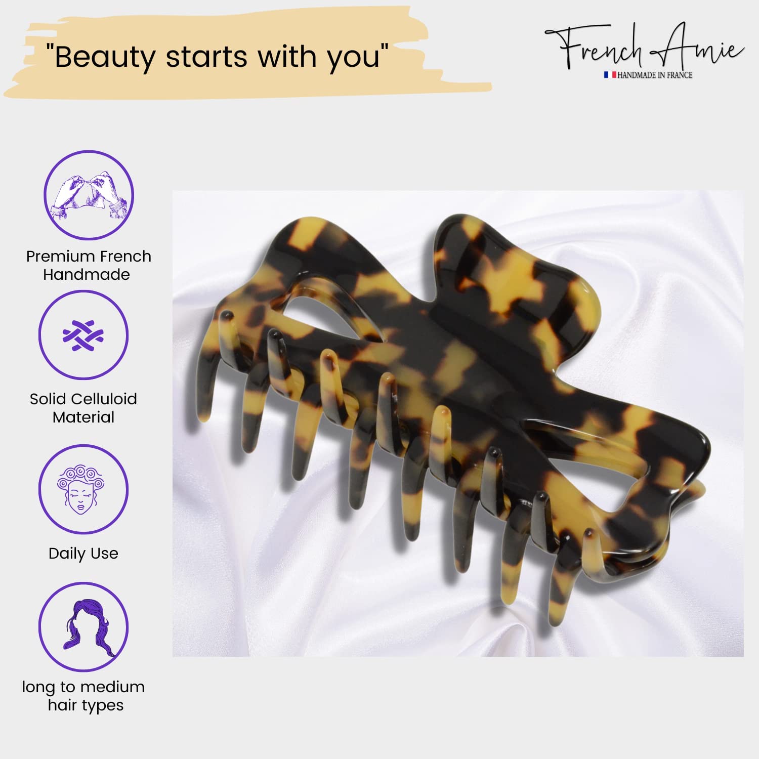 French Amie Farfalla grande 3 1/2" fatto a mano in acetato di cellulosa coperta a molla antiscivolo flessibile pinza per capelli per donne e ragazze, prodotto in Francia (Tokyo)