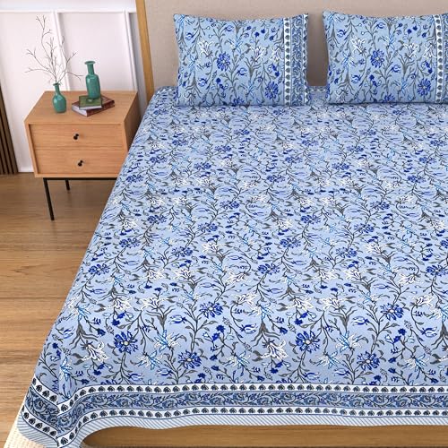 Image of India 100% Pure Cotton Jaipuri Printed Double Bedsheet with 2 Pillow Covers | Traditional Sanganeri Floral Design | Soft Breathable Fabric | King Size Bedsheet for Bedroom (Kaya46)