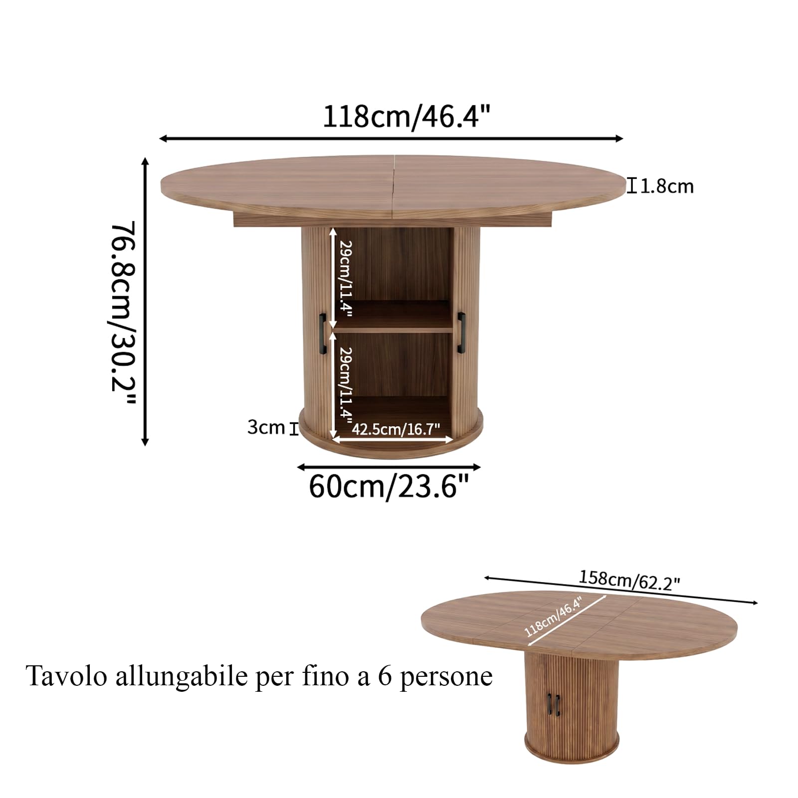 Tavolo da pranzo allungabile, rotondo, con spazio per riporre oggetti | Moderno tavolo da pranzo con base cilindrica, in legno, per 4-6 persone, marrone noce (solo tavolo)
