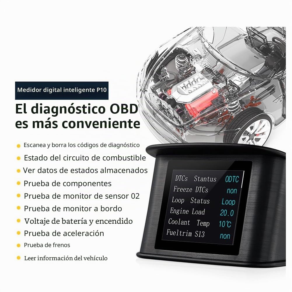 Ordenador de Conducción P10 con Pantalla de Diagnóstico Digital OBD2 A Bordo, Velocímetro, Medidor de Kilometraje y Temperatura.