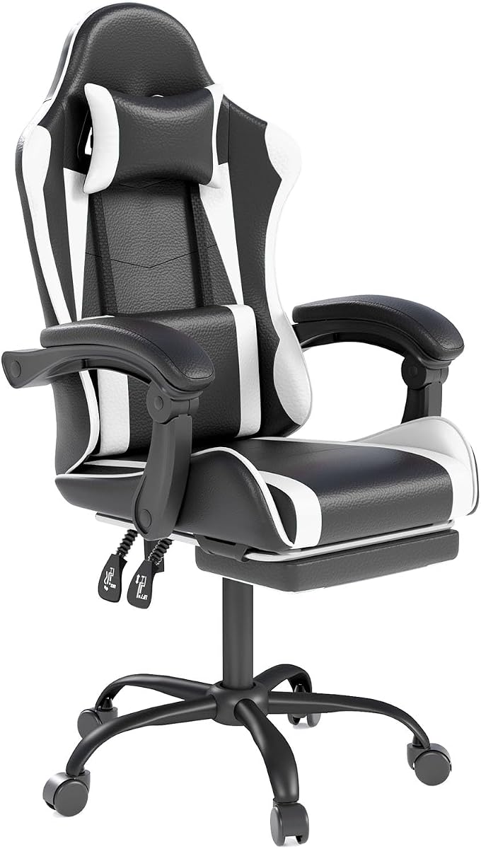 Gaming Chair with Headrest and Lumbar Support, White | Ergonomic High Back Office Chair, Racing Style Executive Computer Desk Chair, Leather Adjustable Swivel Task Chair, Home