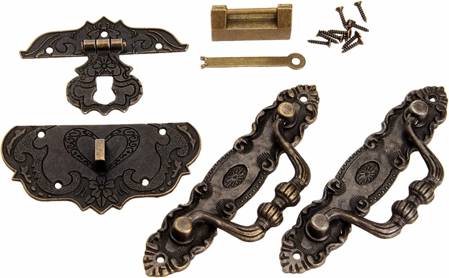 Hebilla de bloqueo segura, pestillo de ojo de gancho con hebilla de cierre retro antiguo, manija de gabinete de muebles de 2 piezas + caja de joyería de bronce de 1 pieza Cerradura antigua china + 1 h