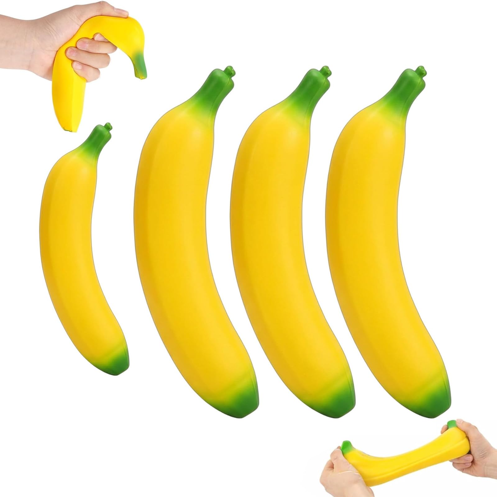 PRVCFZ 4 PCS Banana Squishy, Realistic Fruit Desk Decor, Gadget for Office and Home, Includes 17.5 cm and 9 cm Models, Soft Textured Simulation Banana