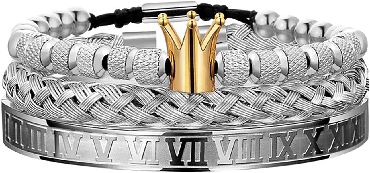 WFYOU 3PCS Stainless Steel Imperial Crown Bracelets for Men Gold Roman Numeral Bangle Bracelet Adjustable Cuff Bracelet Mens Luxury Jewelry Gifts