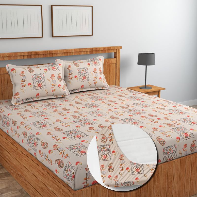 Image of NEW LEAF Glace Cotton Fitted King Size Double Bedsheets with 2 Pillow Covers | Elastic Fitted | Wrinklefree | Ultrasoft |Winter Bedsheet 220 tc tc Floral | 78 x 72+10 Inches, Almond