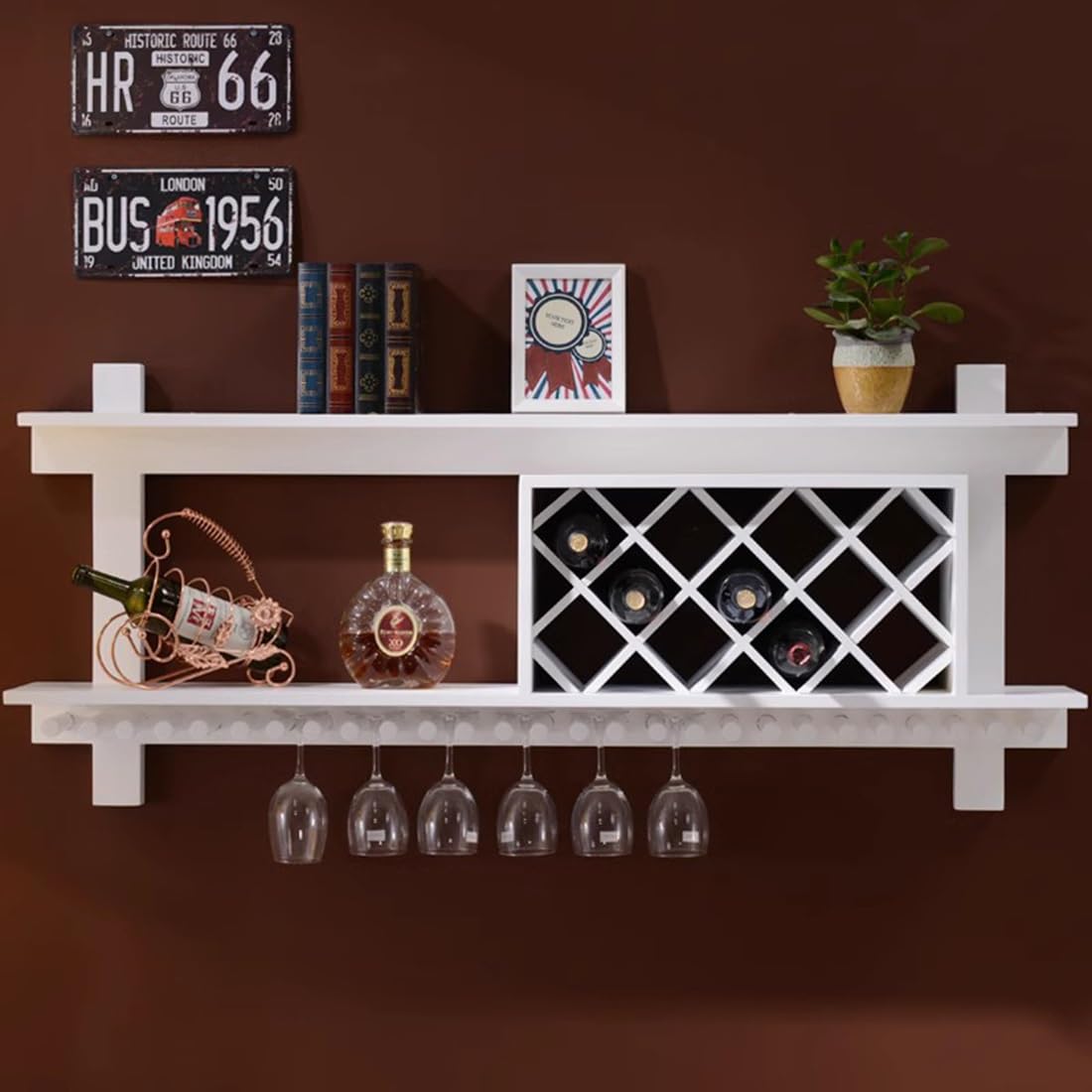 Portabottiglie vino parete Mensola cantinetta vino legno con ripiani portaoggetti e portabicchieri, angolo bar espositore galleggiante multifunzionale, moderno supporto a forma di diamante(White,140CM