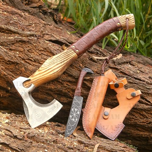 Image of Viking Axe Gift Vikings Knife with Sheath | Hand Forged Real Handmade Outdoor Hunting Camping Axes and Hatchets | Viking Gifts for Men (Ax-05)