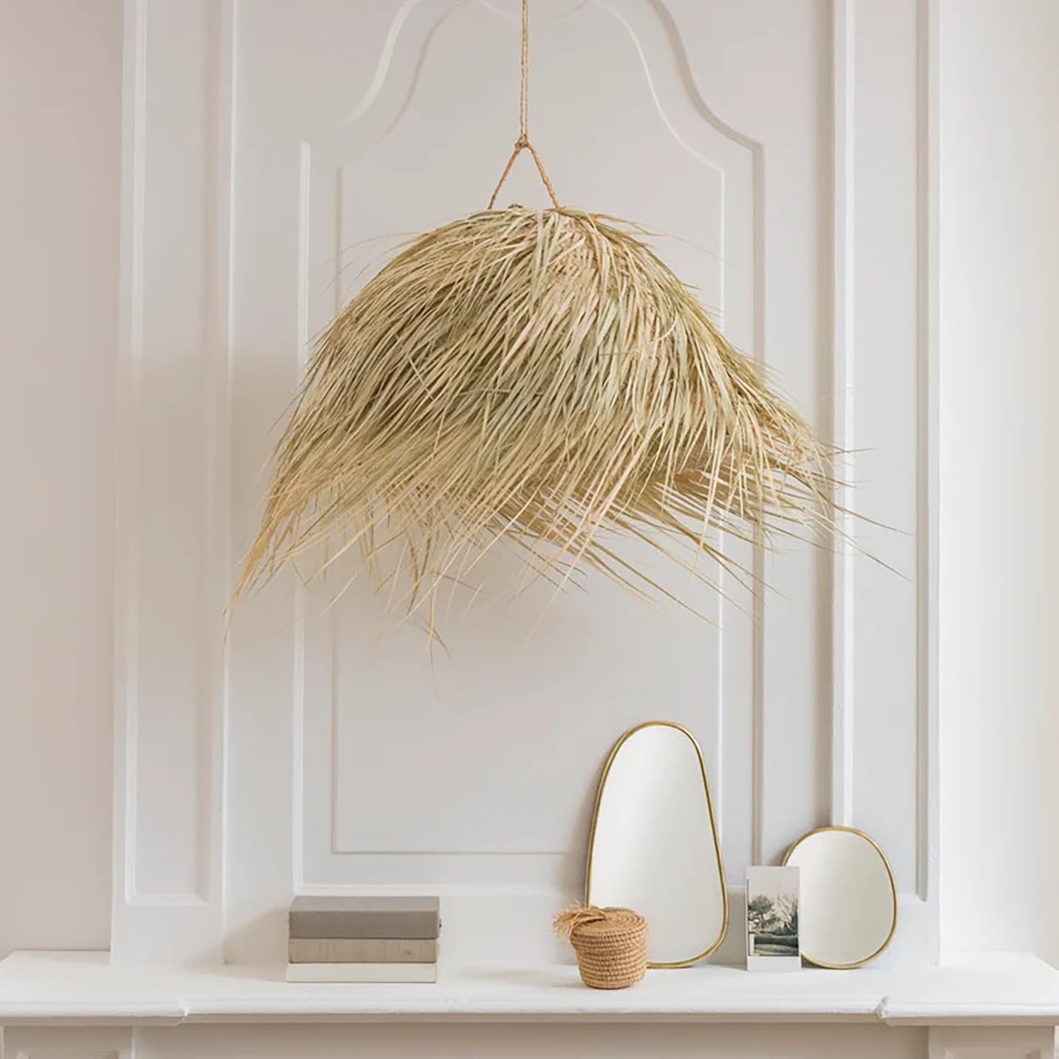 Lampadario in foglia di palma intrecciata Ø45xH35 cm – Paralume naturale fatto a mano stile boho chic etnico – Artigianale in fibra vegetale per interni ed esterni Illuminazione decorativa 0906251602