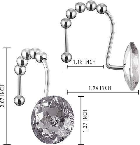 Miniatura 2 de Ganchos de cortina de ducha con diamantes de cristal para baño, paquete de 12, ganchos de acero inoxidable plateados a prueba de óxido, colgador de