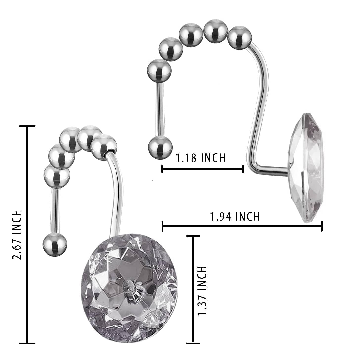 Yuiviot Crystal Diamond Shower Curtain Hooks Rings for Bathroom?12Pack?, Silver Rust Proof Stainless Steel Hooks, Decorative Gem Hanger, Bling Rhinestone, Glittery, Clear, Cute, Fancy Accessories