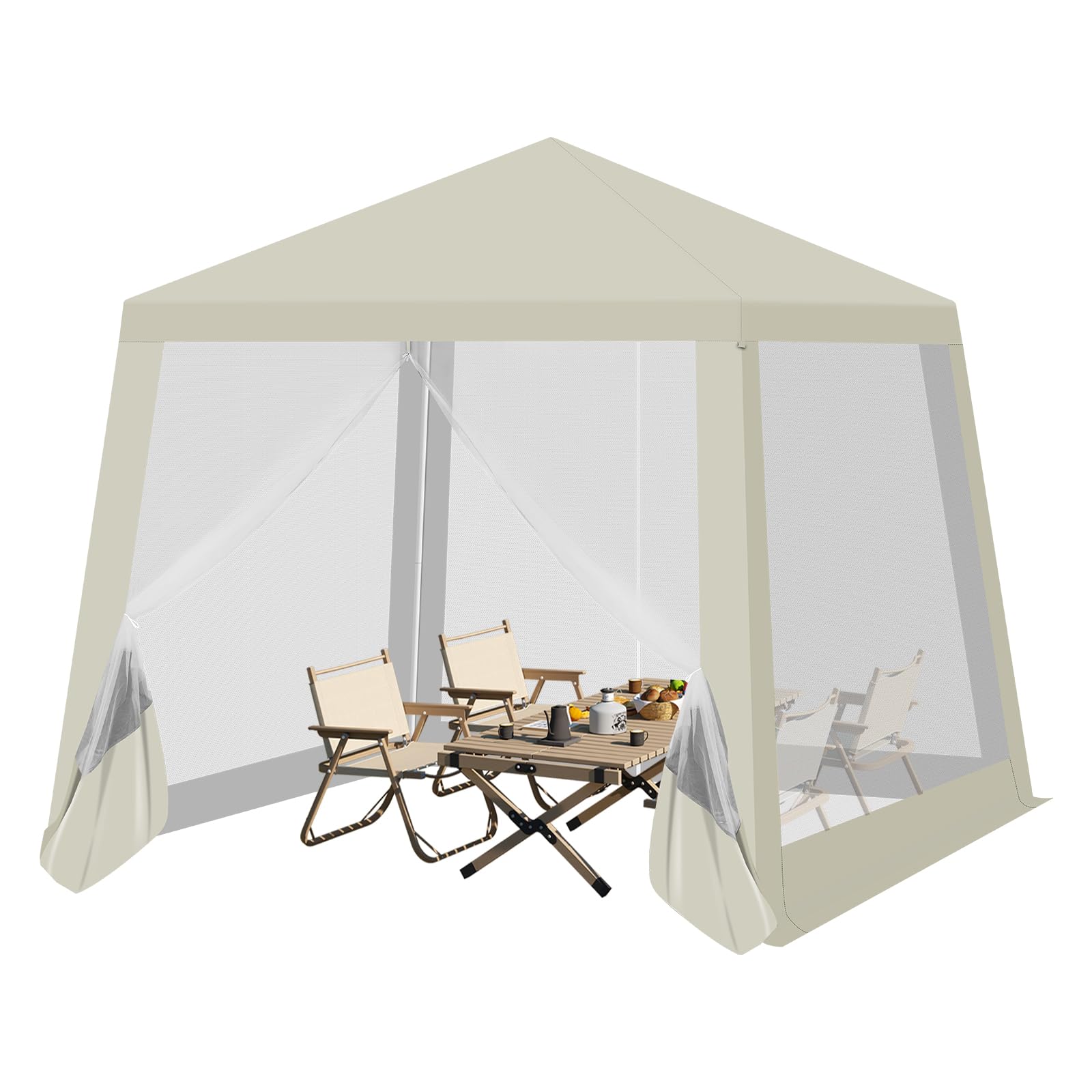 WOLTU Pérgola Plegable de Jardín con Techo y Paredes de Malla - Pabellón Cenador 3x3 m para Exteriores, Camping, Playa - Tela Oxford, Beige