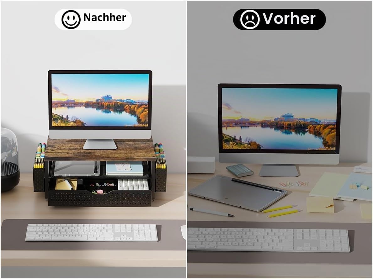 gianotter Monitorständer aus Holz, Büro-Schreibtisch-Organizer, Schreibtisch-Organizer mit Schublade und Stifthalter, 2-stöckiger Computerständer, Büroorganisation (Holz)