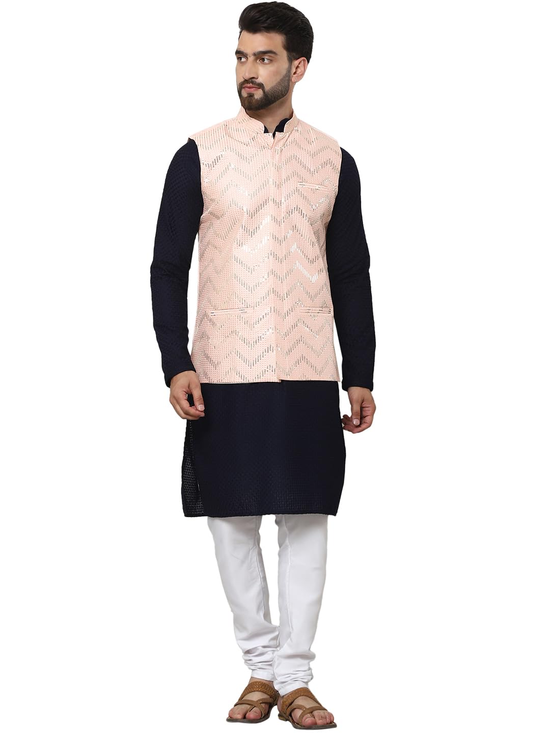 SOJANYA (Since 1958 Men's Pure Cotton Navy Kurta and White Pyjama with Sequins Pink Nehru Jacket
