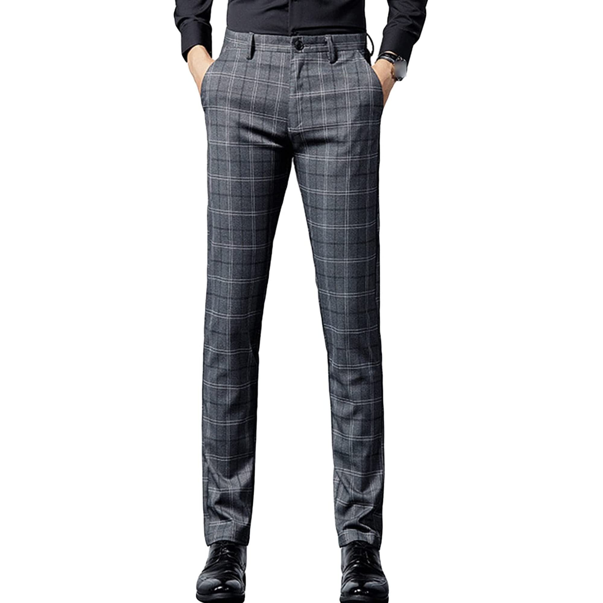 Men's Plaid Business Comfort Pant Casual Straight Fit Tapered Suit Pant Classic Lightweight Wedding Trousers (Grey,31)
