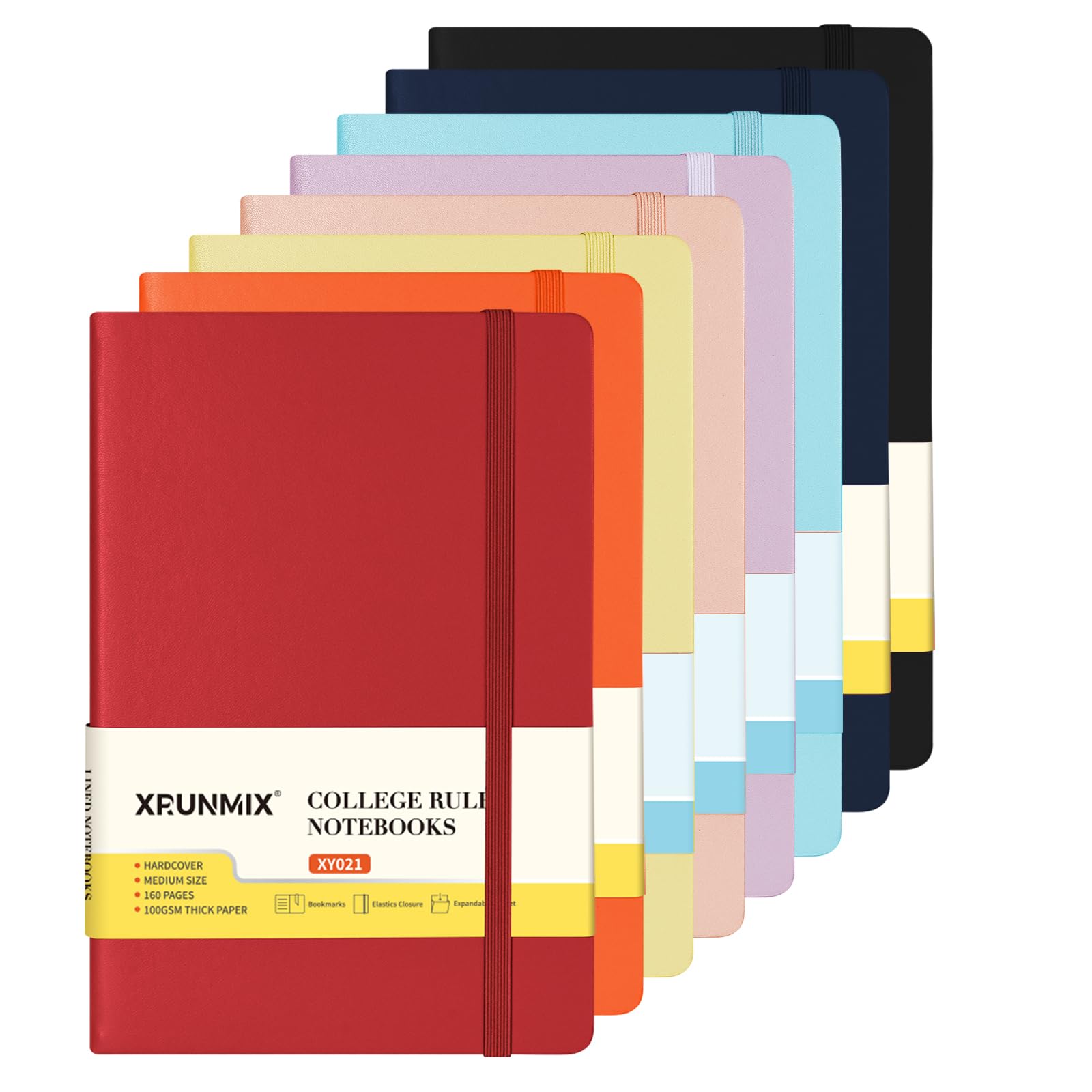 XRUNMIX A5 Hardcover Notebook, 8 Pack, Lined, 100gsm Paper, with Inner Pocket, Ribbon Bookmark, Elastic Closure, Assorted Colours, 160 Pages (8 Color Assorted)