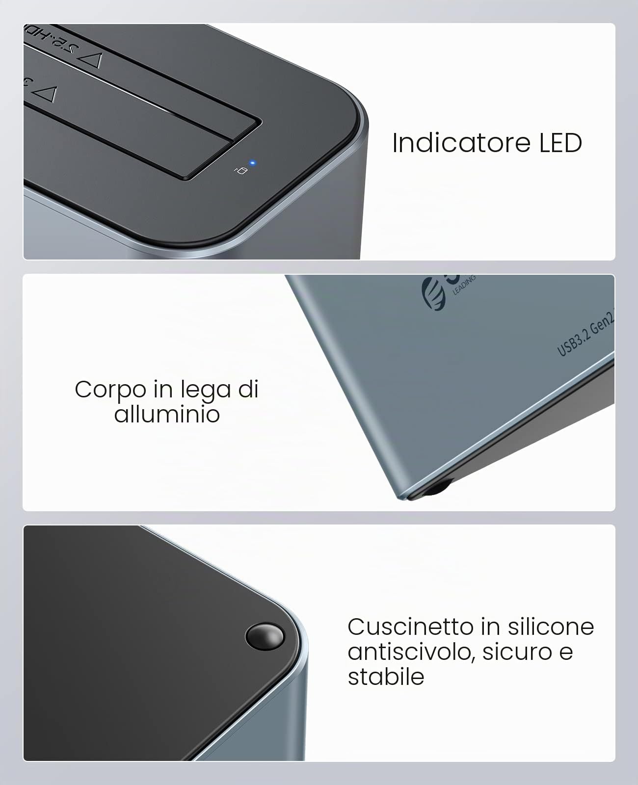 ORICO Docking Station Hard Disk per 2.5/3.5 pollici SSD/HDD, USB 3.2 Gen 2 Alluminio Hard Drive Docking Station, Supporta UASP, 1TB, 2TB, 4TB, 8TB fino a 18TB SSD, con Alimentazione.(6616C3)