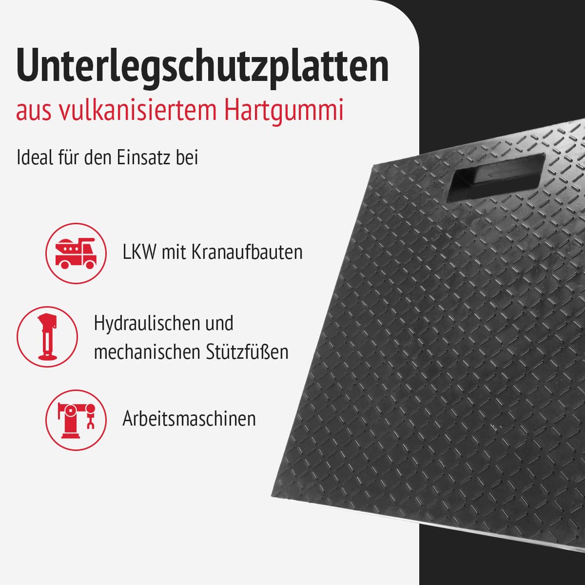 Unterleg-Schutzplatte aus Hartgummi 400x400x50 mm für Stützfüße und Ausleger | Unterlegplatte für Kran, Container, Gerüstbau, LKW