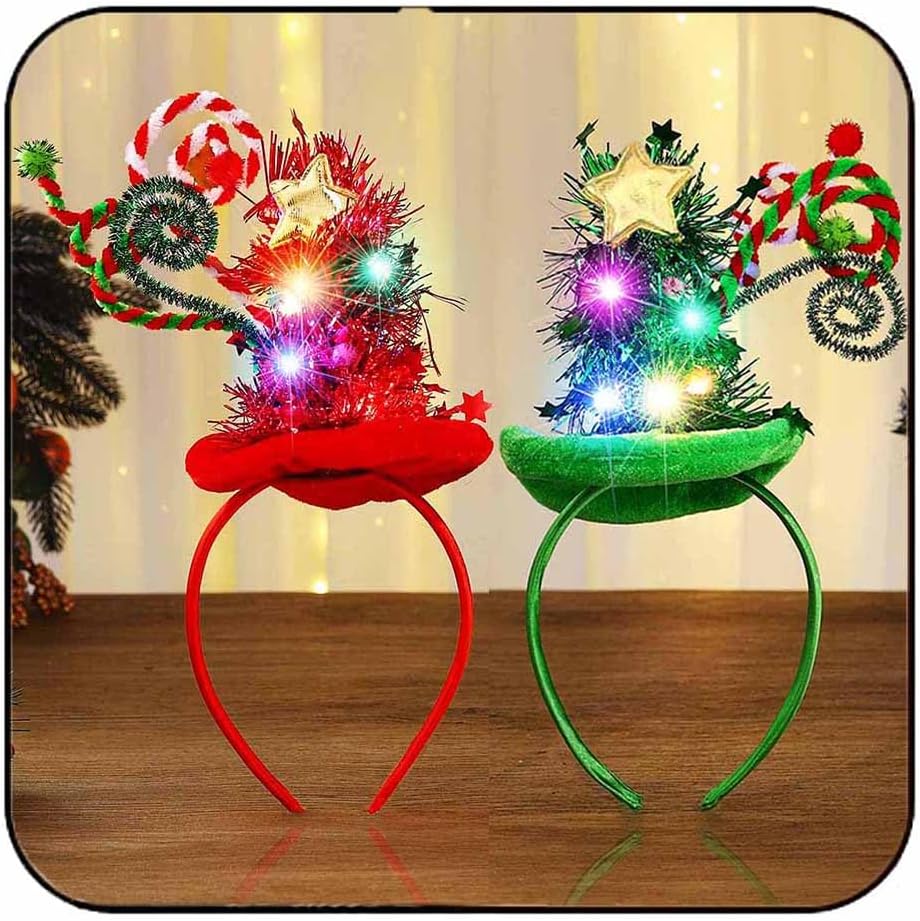 Yean Christmas Tree Headband Light Up Christmas Tree Tinsel Glow Hat Holiday Costume Accessories for Women and Girls(Pack of 2)