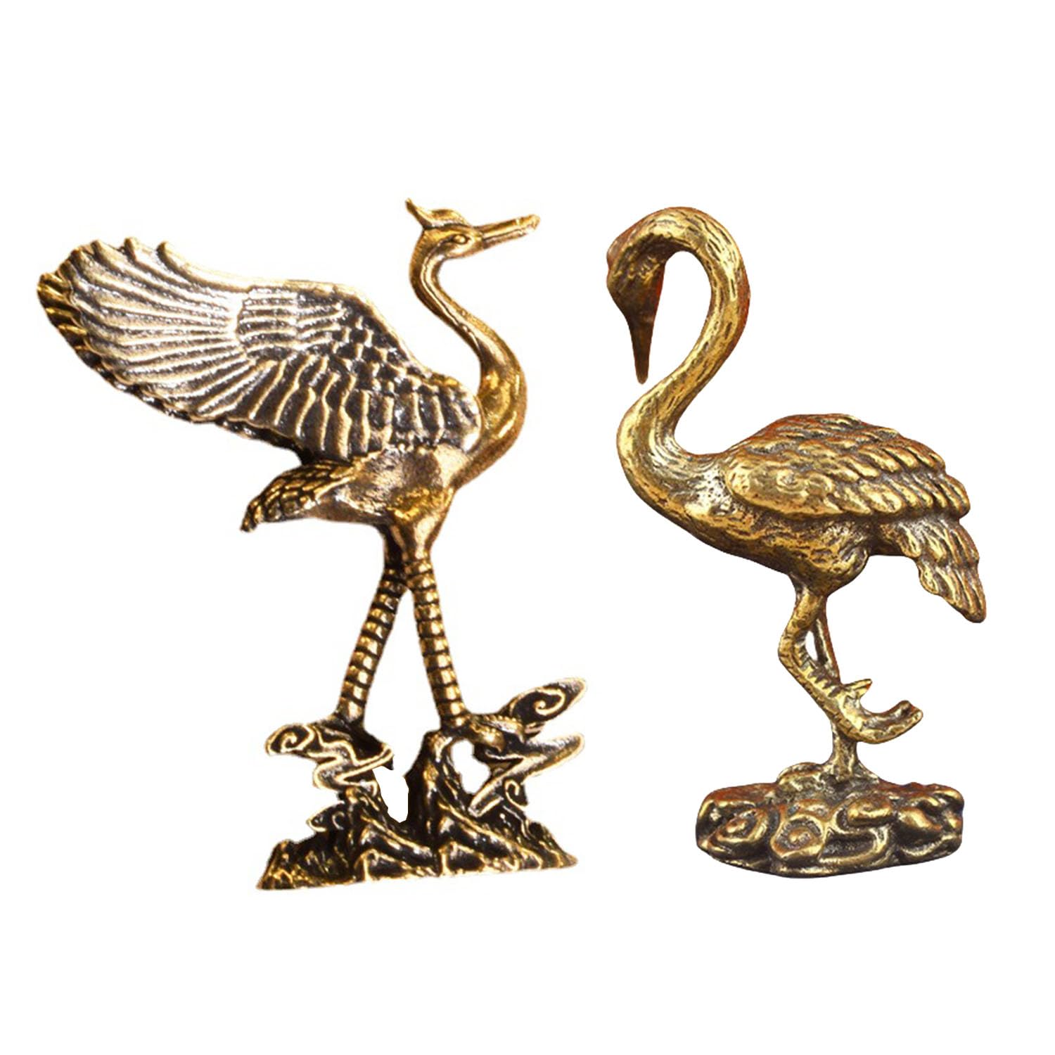 2 PCS Brass Statues, Feng Shui Brass Decorative Animal Ornaments, Vintage Crane Desktop Ornaments Red Crowned Crane Bronze Carving Crafts for Home Office Desktop