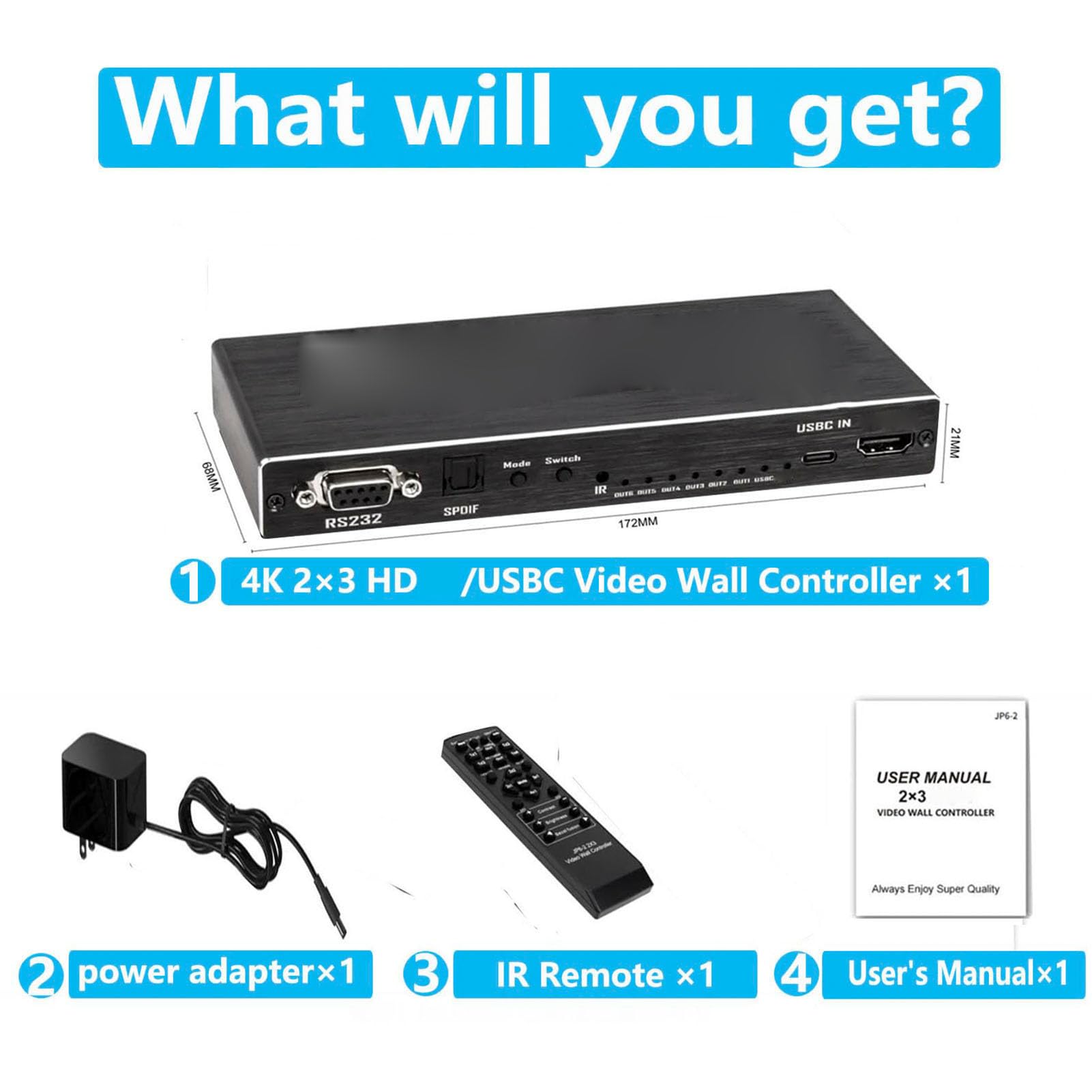Plyisty Controller per Parete Video con Interfaccia Multimediale HD a 6 Vie, Ingresso 4K 30Hz Uscita 1080P 60Hz, con 14 modalità di Visualizzazione Rotazione di 180 Gradi (Spina europea)