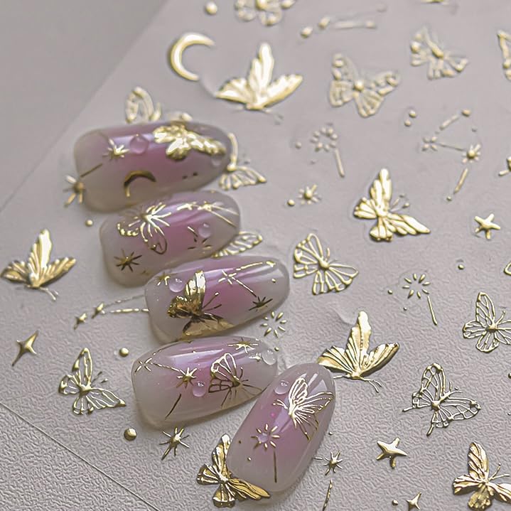 Phuryllic 3D Nail Stickers for Nail Art Embossed Self-Adhesive Cute Nail Charms & Decals for DIY Nails Easy-to-Apply Nail Design Supplies & Accessories for Home Manicure-Gold Butterfly & Star