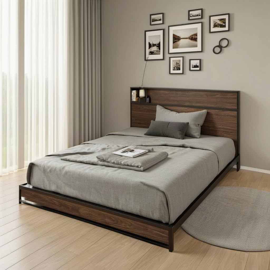 UOCFYK Queen Bed Frame with Charging Station & Storage