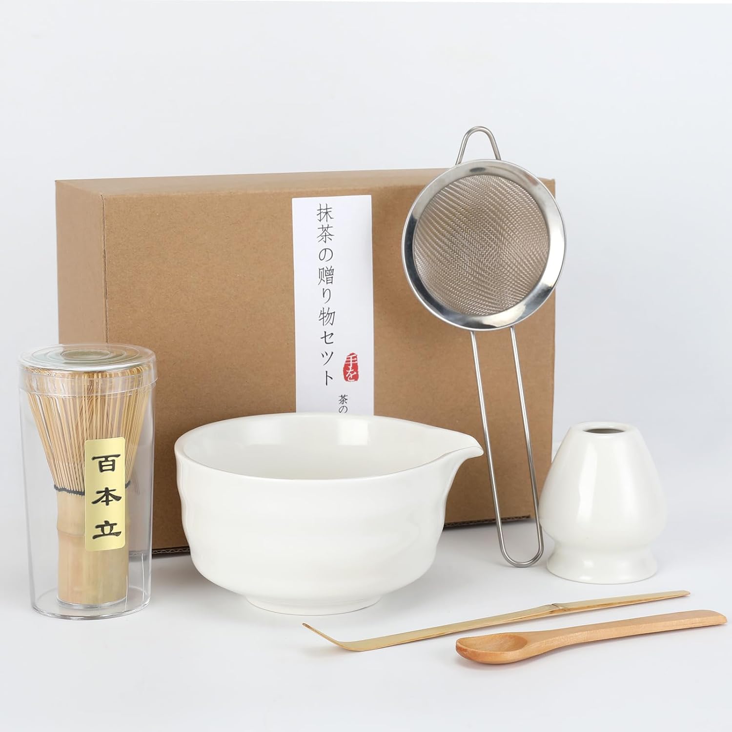 Juego de batidor de matcha, juego de 6 piezas con cuchara de matcha de bambú y tamiz de acero inoxidablecuenco de cerámica con boquilla de