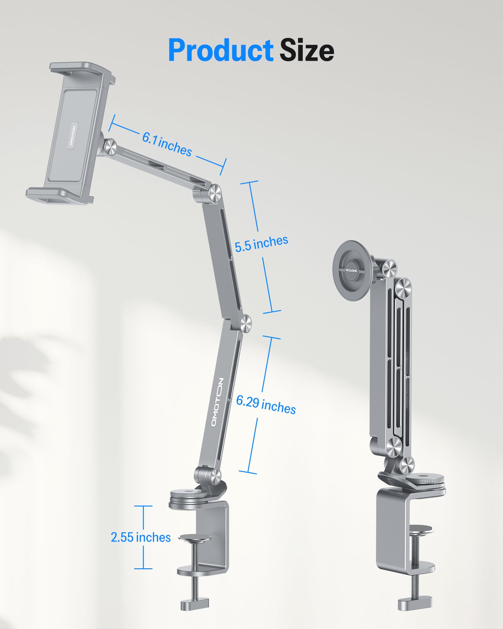 OMOTON Supporto per tablet regolabile per scrivania, supporto per tablet in lega di alluminio per iPad, supporto per telefono girevole a 360° con 2 morsetti, supporto per telefono per letto con