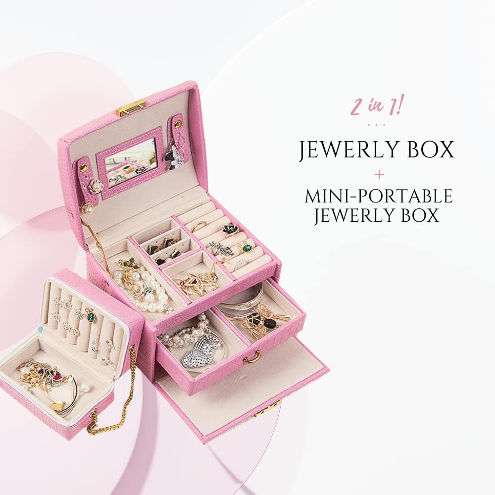 3 Tier Jewelry Box + Mini Travel Jewelry Box Removable Lockable Jewelry  Organizer with Mirror Faux Leather Jewelry Box for Earrings Necklace Stud  ...