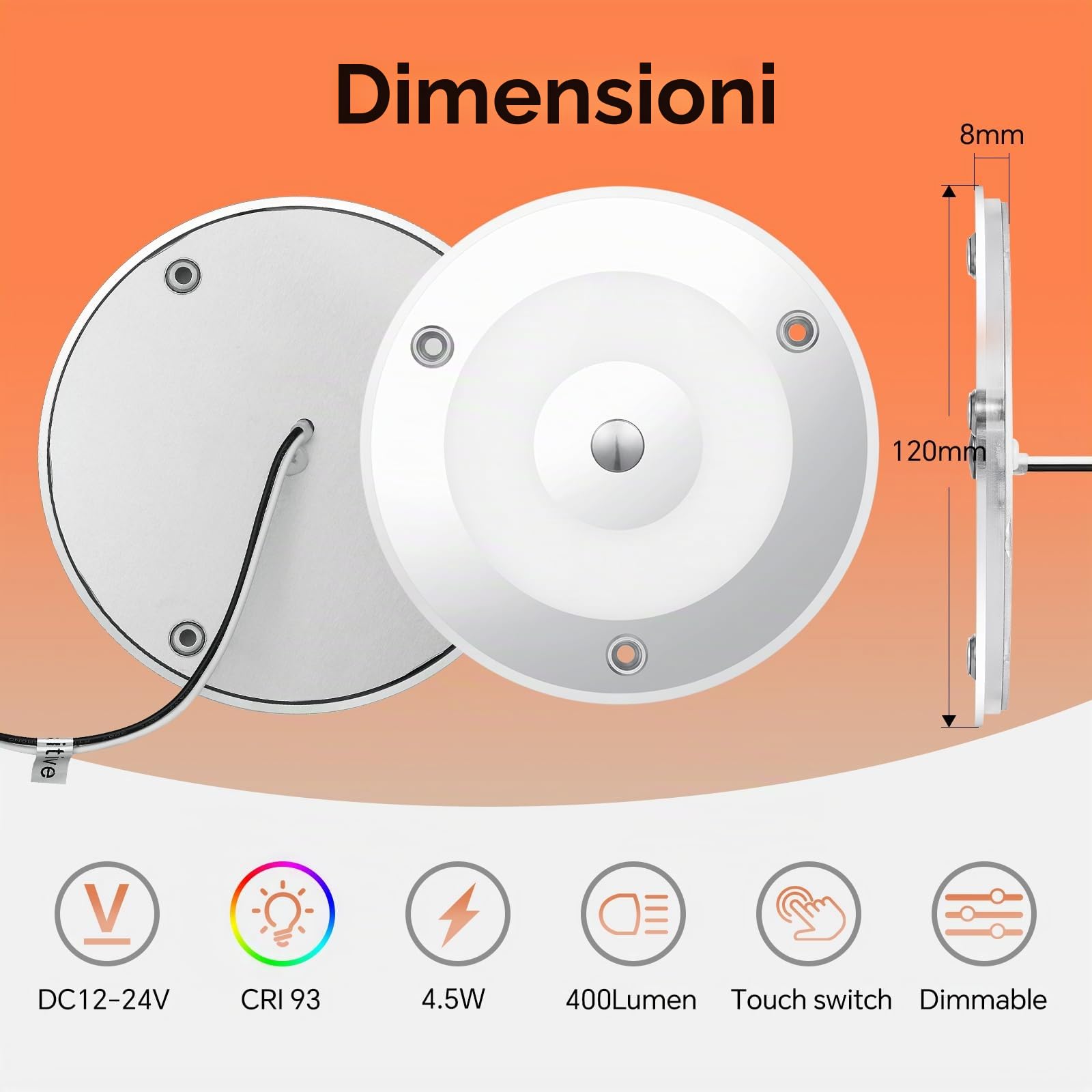 2 x Lampada da Soffitto LED DC 12V Dimmerabile Plafoniera 4.5W 120mm 400LM 3000K con Luce Blu/Interruttore tattile, per Auto Camper Caravan Barca Yacht illuminazione Interna