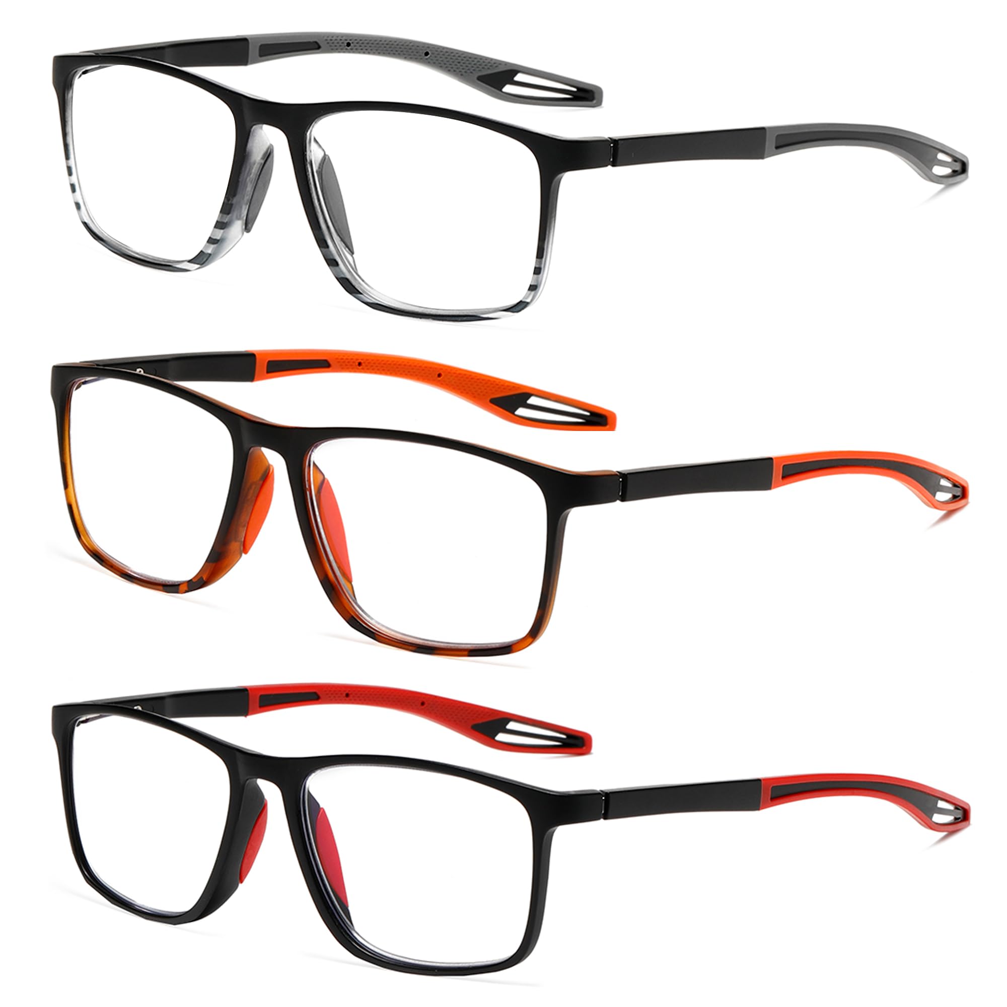 Lutonglenss TR90 Sports Style Reading Glasses for Men Anti-Slip 3 Pack Blue Light Blocking Readers With Spring Hinges Sturdy Rectangle Lightweight Flexible and Trendy Design +2.0