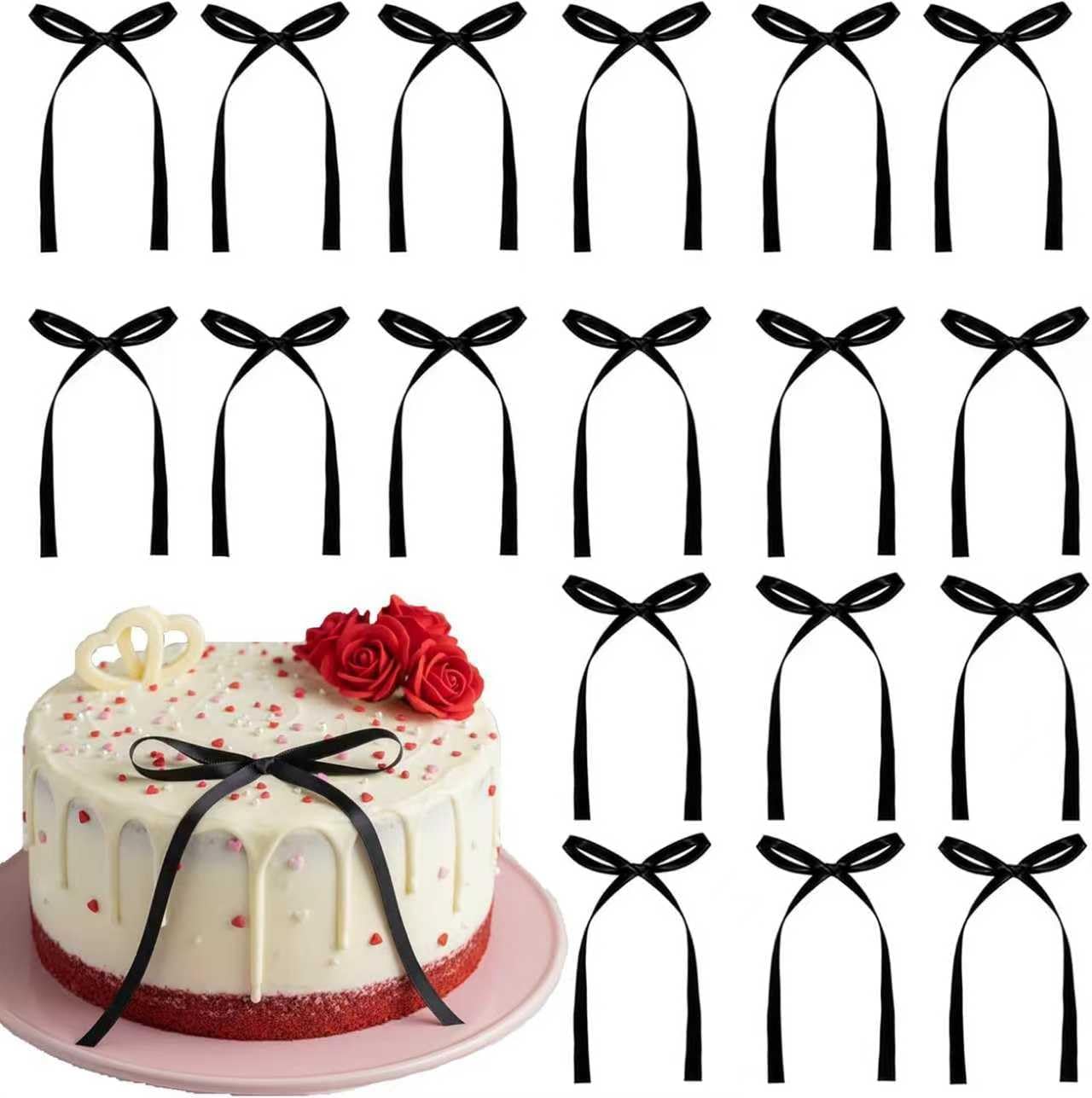 20 PCS Black Bow Cake Toppers, Black Ribbon Bows for Cake, Coquette Birthday Decorations for Baby Shower, Wedding, Bachelorette, Graduation, Engagement, Dessert Table, Mothers Day Decorations