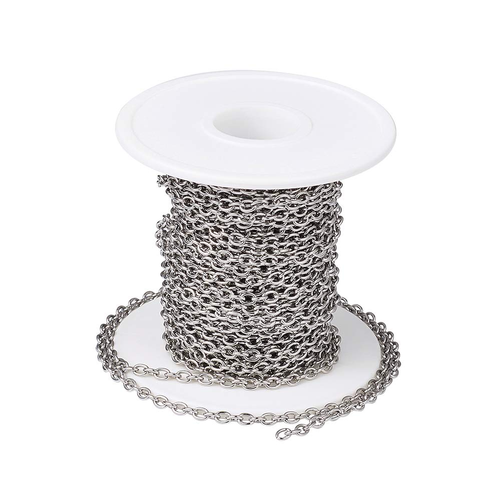 PandaHall 32.8 Feet Stainless Steel Cable Cross Chains with Spool 4x3x0.8mm Unwelded Oval Link Necklace Bracelet Pendant Jewelry Making Chains for DIY Crafts