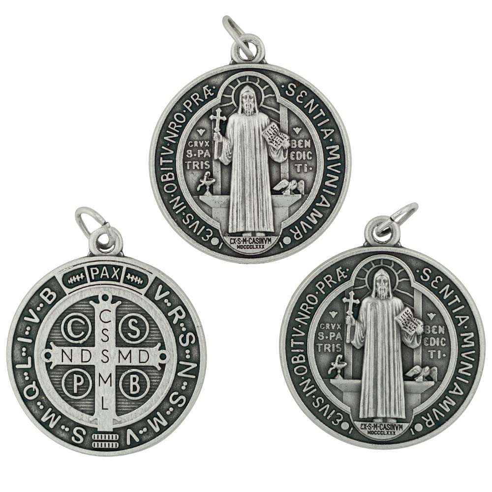 Pack of Three Saint Benedict Medals | Silver-Tone Metal | Patron Saint of Students and Europe | Great Catholic Gift For First Communion, Confirmation, and Ordination, Metal, No Gemstone