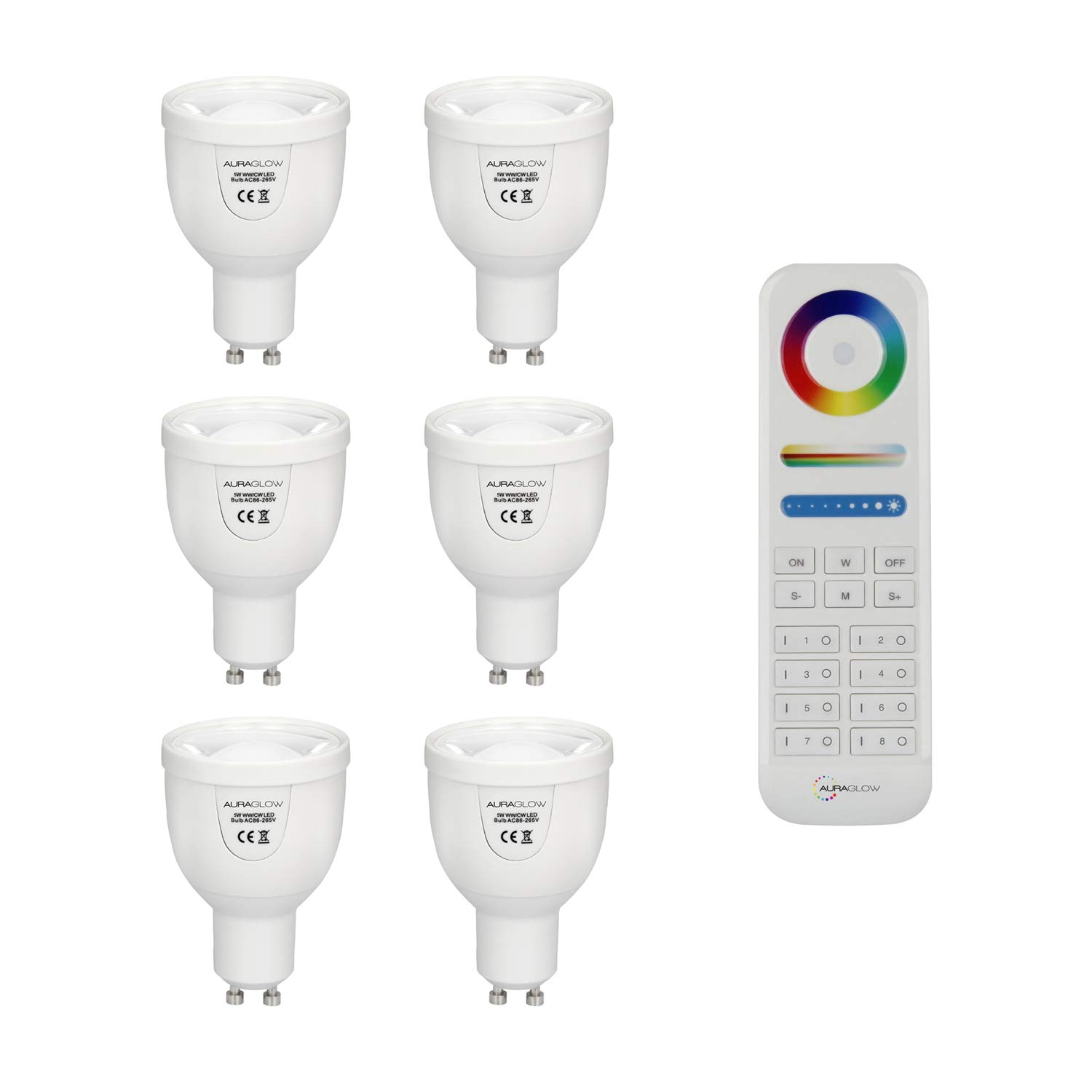 Auraglow GU10 CCT LED Lampen 6er Pack mit Fernbedienung, 2700K-6500K | 5W Dualweiß Spots, 50W Äquivalent, dimmbar, Tageslicht bis Warmweiß, 8 Zonen, kein Hub, für Einbaustrahler