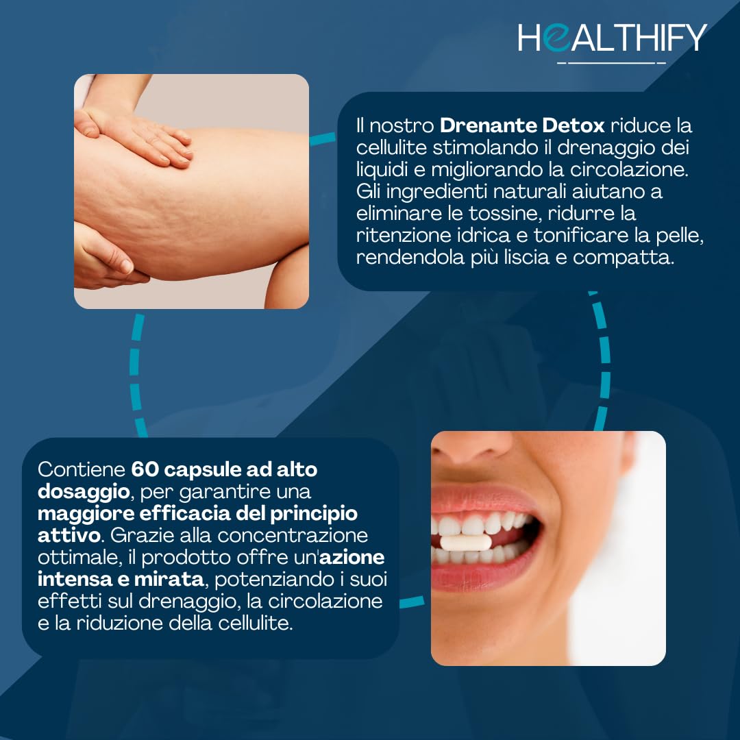 HEALTHIFY Diuretico Drenante Detox Forte Fegato ed Intestino Anticellulite con Tarassaco Betulla Garcinia Orthosiphon e Bromelina 60 Capsule Made in Italy