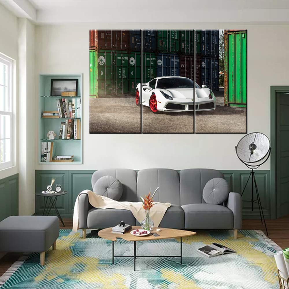 TUMOVO 3 Pieces Wall Art 488 White Sports Car in Warehouse Painting The Picture Print On Canvas Racing Car Pictures for Home Decor Decoration Gift