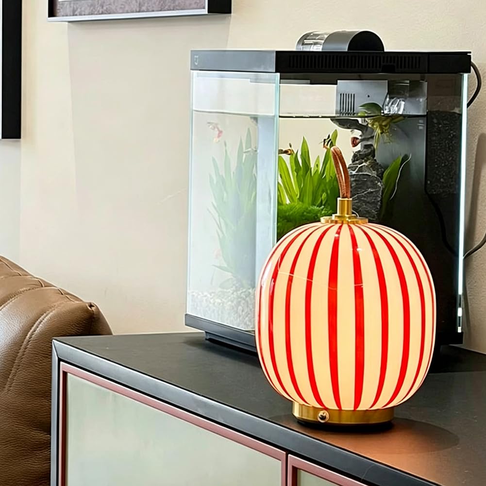 LED Tischlampe Kugel Glas Kabellos Tischleuchte Dimmbar Touch Schalter Batteriebetrieben Schreibtischlampe Rot Gestreiftem Glaslampenschirm Nachttischleuchten USB Aufladung Tragbar Runde