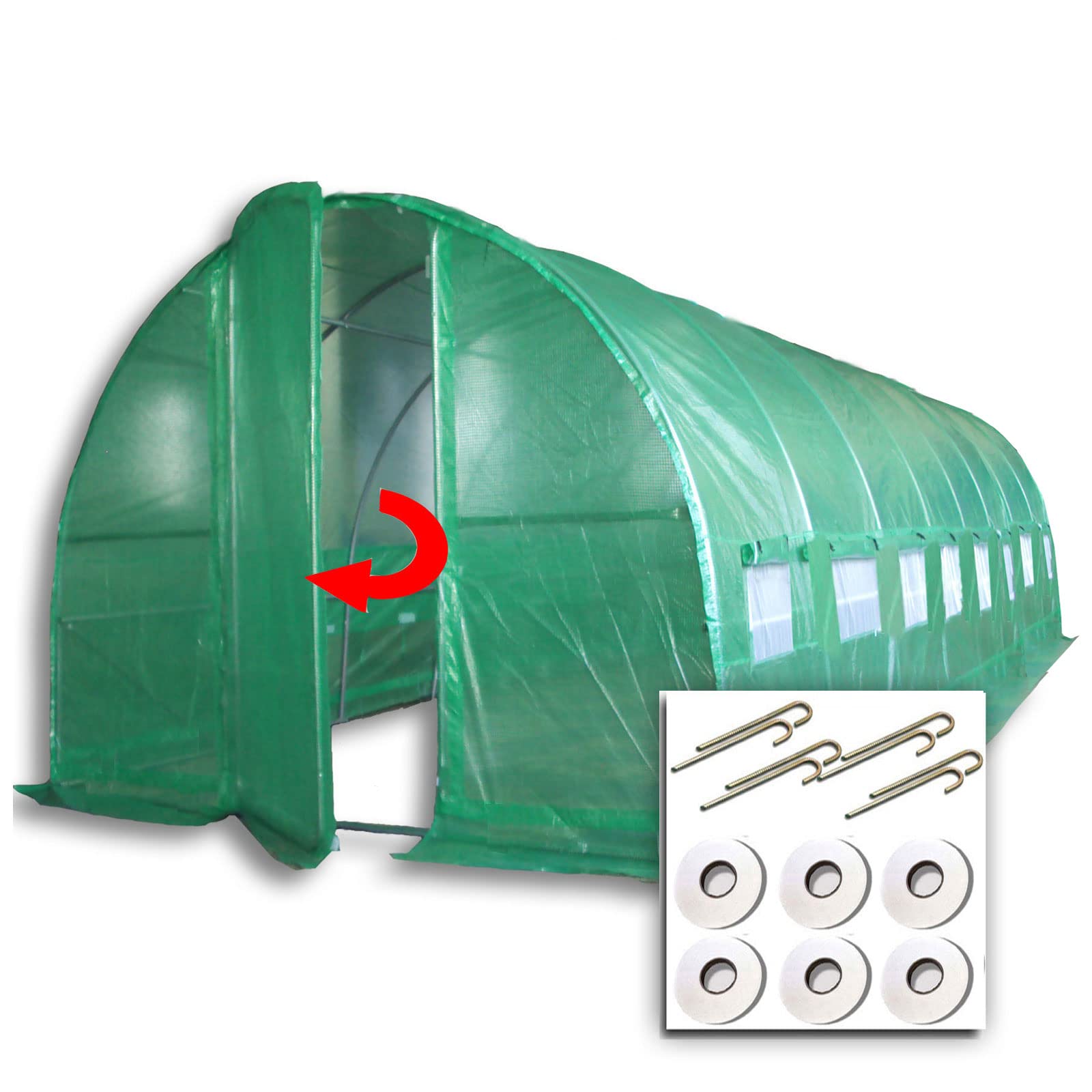 Crocodile Trading 5 Sizes Polytunnel + Anchor Kit. Metal Hinged Door | Rear Dual Zippered Door. (8m x 3m Ground Kit), Green