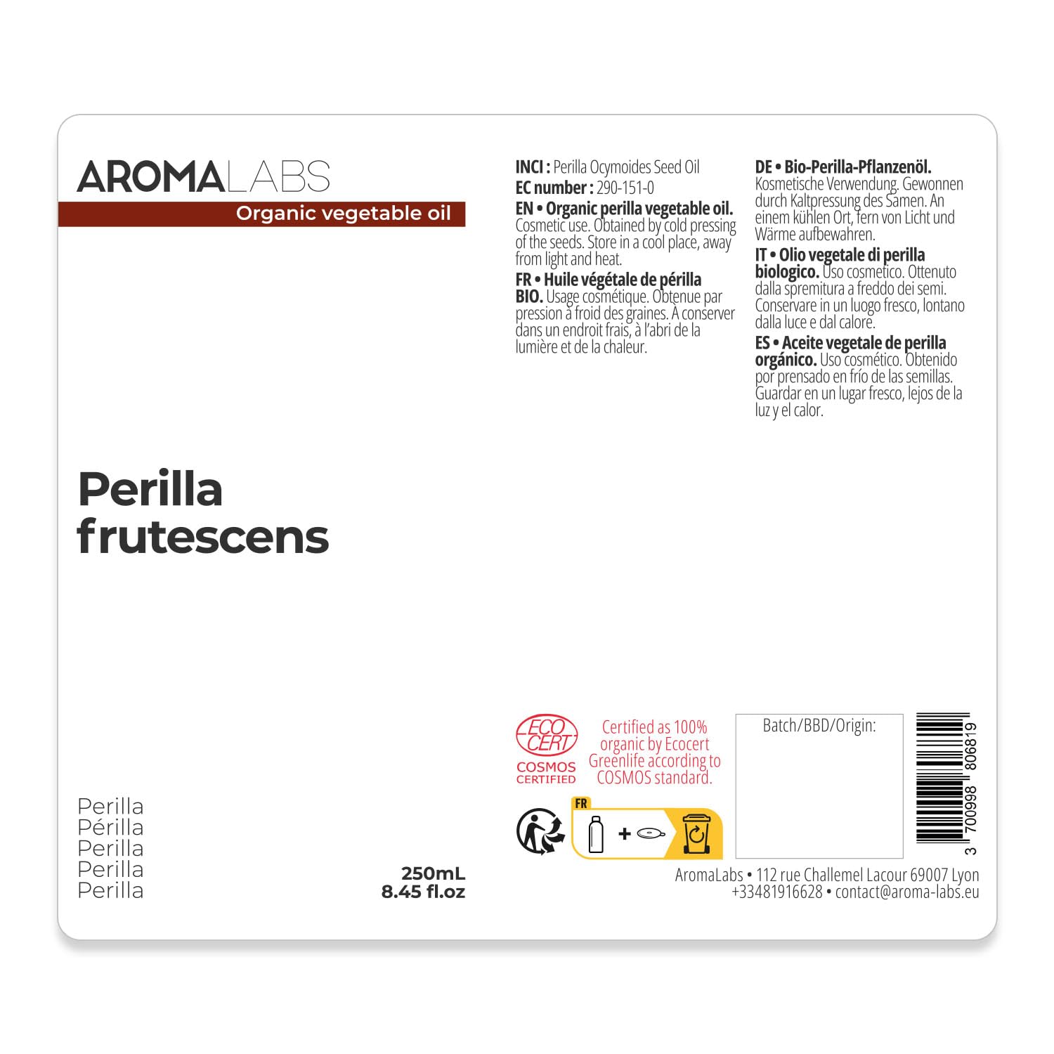 Périlla BIO (Perilla frutescens) - 250 mL - Huile Végétale Vierge et Certifiée Cosmos - Aroma Labs - Made in France