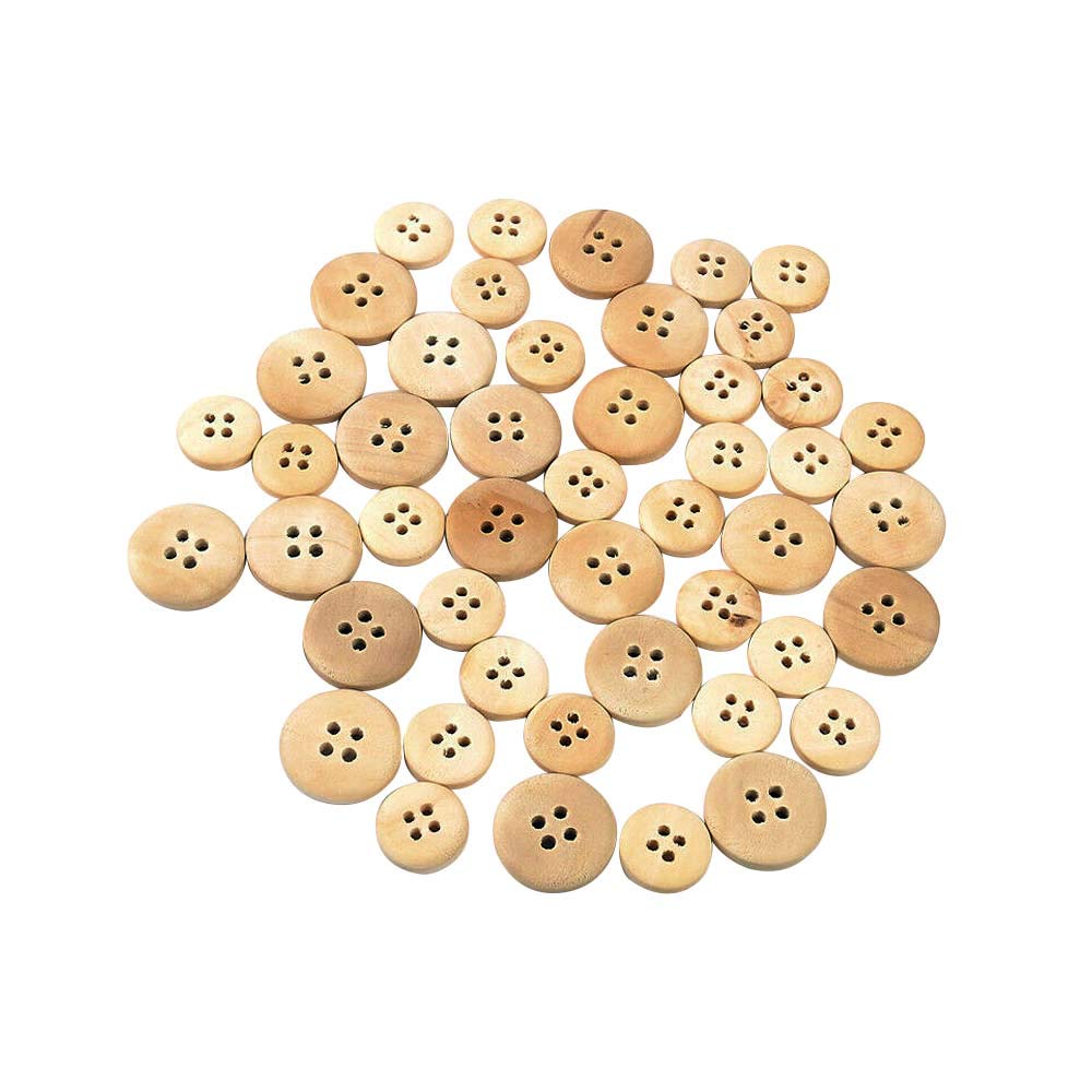 Wixine 100Pcs Mixed Wooden Buttons Natural Color Round 4-Holes Sewing Scrapbooking