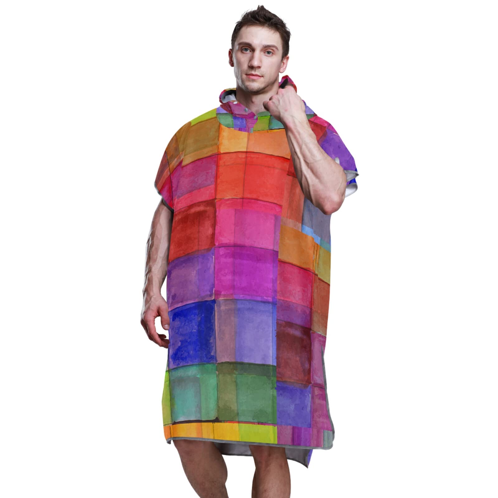 Poncho de surf à carreaux avec capuche et poche - Séchage rapide - En microfibre - Pour le bain, la plage, l'extérieur