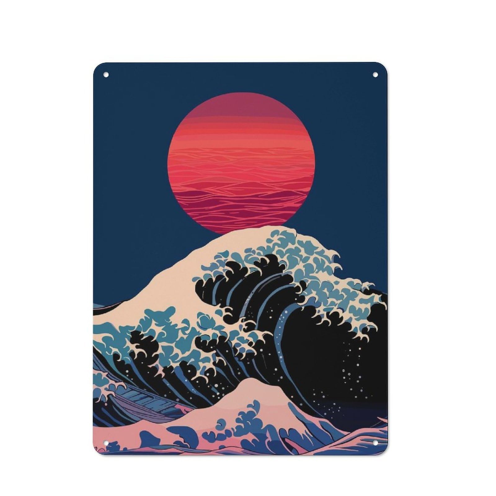Junmoney Great Wave With Red Sun Shed Style Decorative Metal Plaque 40X30cm Featuring Porch Wall Decor For Patio Bar, Workshop, Shed Or Kitchen