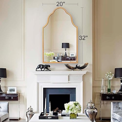 Miniatura 5 de Chende Espejo arqueado para decoración de pared, espejo de pared dorado de 32 x 20 pulgadas para baño, elegante espejo festoneado para sala de